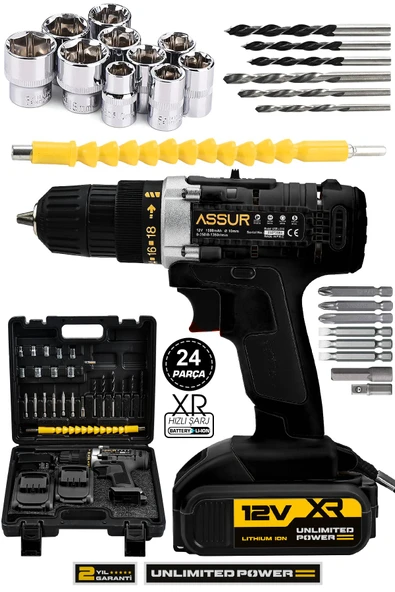 Assur 12V Çelik Şanzıman Bakır Sargılı Çift Akülü Şarjlı Matkap Vidalama ürün görseli 1