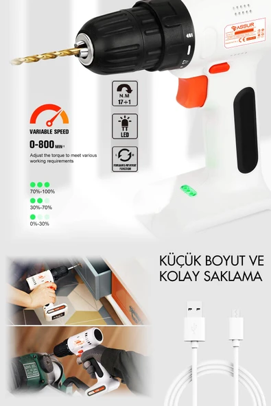 Assur 12V Type-C USB Şarjlı Matkap Dahili Batarya Akülü Vidalama - Resim 3