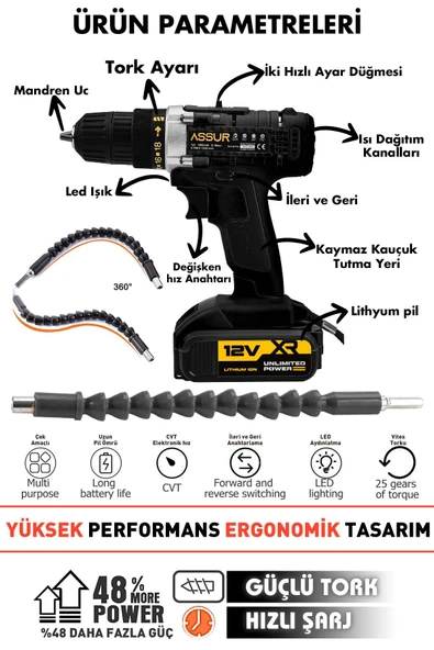 Assur 12V Çelik Şanzıman Bakır Sargılı Çift Akülü Şarjlı Matkap Vidalama - Resim 2
