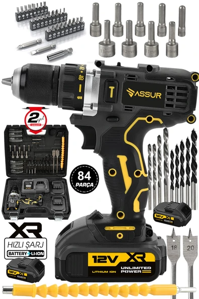 Assur 12V Şarjlı Matkap Metal Şanzıman Bakır Sargılı Çift Akülü