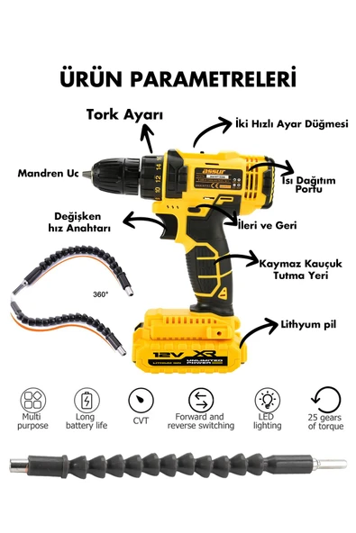 Assur 12V Metal Şanzıman Çift Akülü Bakır Sargı Şarjlı Matkap Akülü Vidalama - 2