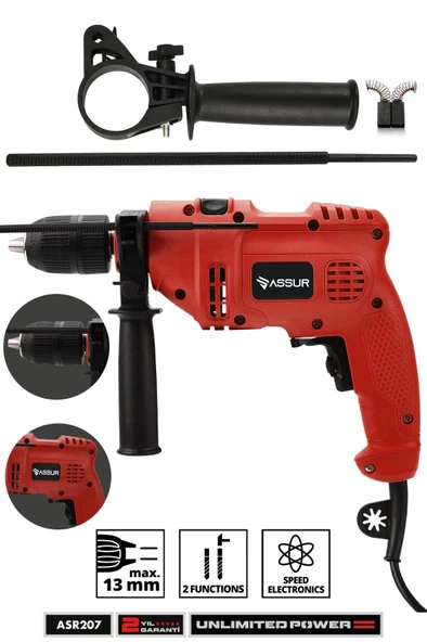 Assur 500W Darbeli Metal Şanzıman 13mm Elektrikli Matkap - 1