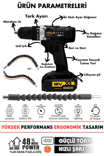 Assur 12V Çelik Şanzıman Bakır Sargılı Çift Akülü Şarjlı Matkap Vidalama - Resim 2