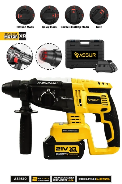 Assur 21V Kömürsüz Motor Darbeli Çift Akülü Şarjlı Kırıcı Delici Hilti 2-26mm ürün görseli 1