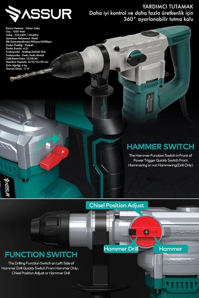 Assur 1050W Profesyonel 28mm Kırıcı Delici Hilti Darbeli Matkap - 3