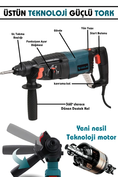 Assur Profesyonel 850W Darbeli Kırıcı Delici Hilti 26mm Matkap - 2