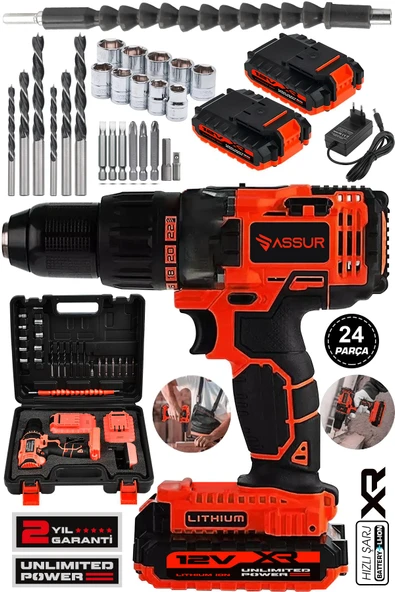 Assur 12V Çift Akü Şarjlı Matkap 24 Parça Akülü Vidalama
