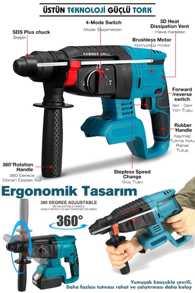 Assur 21V Kömürsüz Motor Darbeli Çift Akülü Şarjlı Kırıcı Delici Hilti 2-26mm - 2