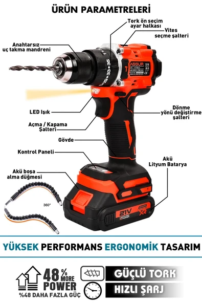 Assur 21V Çelik Mandren Kömürsüz Motor Darbeli Şarjlı Matkap Vidalama - 2