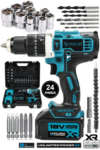 Assur 18V Metal Şanzıman Çift Akülü Şarjlı Darbeli Matkap