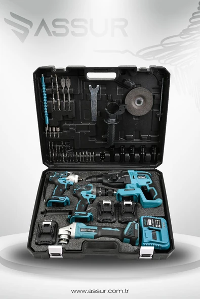 Assur Plus Profesyonel Şarjlı Darbeli 4'Lü Set 2-26 Hilti - 125mm Taşlama - 13mm Darbeli Matkap - 450Nm Somun Sıkma - 3