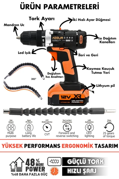 Assur 12V Çelik Şanzıman Bakır Sargılı Çift Akülü Şarjlı Matkap Vidalama - Resim 2