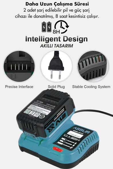 Assur Plus Profesyonel Şarjlı Darbeli 4'Lü Set 2-26 Hilti - 125mm Taşlama - 13mm Darbeli Matkap - 450Nm Somun Sıkma - 2
