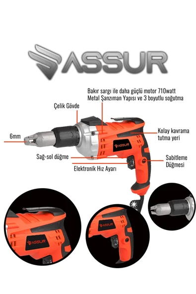 Assur 710W 90N.m Alçıpan Vida Tabancası - 3