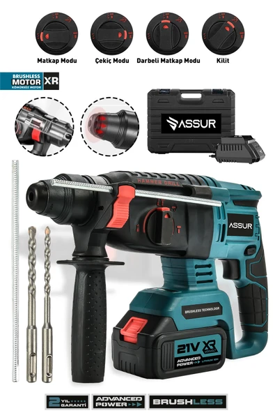 Assur 21V Kömürsüz Motor Darbeli Çift Akülü Şarjlı Kırıcı Delici Hilti 2-26mm