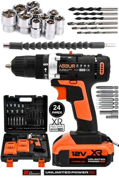 Assur 12V Çelik Şanzıman Bakır Sargılı Çift Akülü Şarjlı Matkap Vidalama ürün görseli