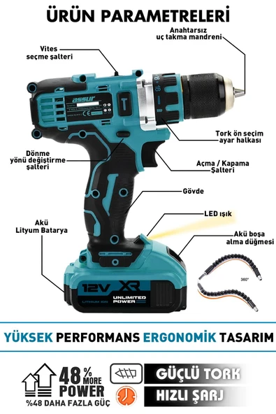 Assur 12V Çift Akülü Metal Şanzıman Bakır Sargılı Şarjlı Matkap Vidalama - 2