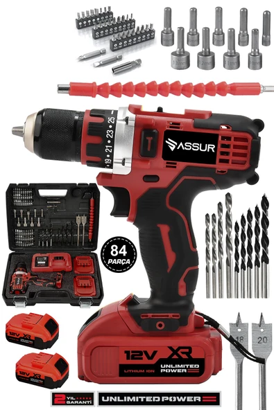 Assur 12V Çift Akü Şarjlı Matkap Metal Şanzıman Akülü Vidalama ürün görseli 1
