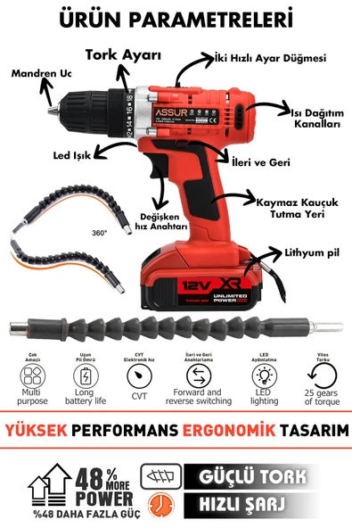 Assur 12V Çelik Şanzıman Bakır Sargılı Çift Akülü Şarjlı Matkap Vidalama - 2