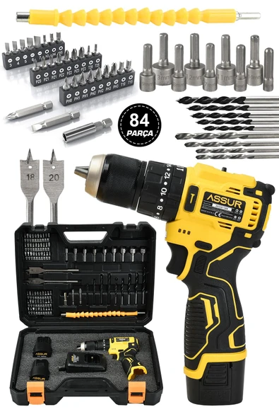 Assur 12V 13mm Çelik Mandrenli Şarjlı Matkap Akülü Vidalama 84 Parça
