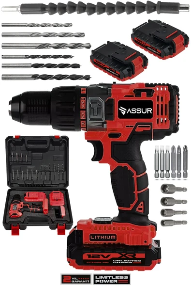 Assur 12V Metal Şanzıman Çift Akülü Bakır Sargı Akülü Vidalama Şarjlı Matkap