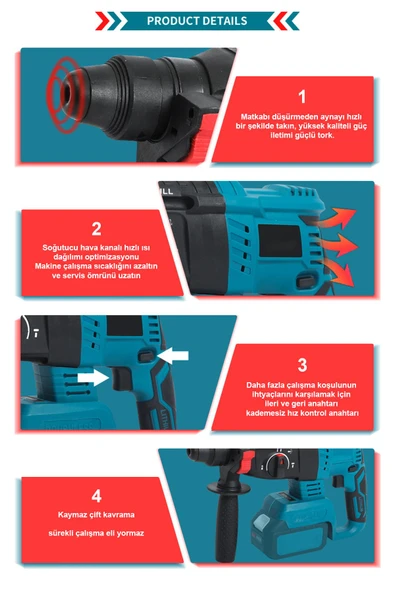 Assur 21V Kömürsüz Motor Darbeli Çift Akülü Şarjlı Kırıcı Delici Hilti 2-26mm - 3