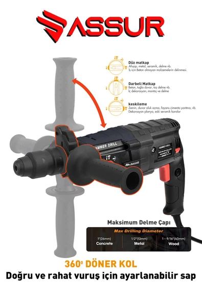 Assur Profesyonel Metal Şanzıman Kırıcı Delici Hilti Darbeli Matkap 2-28mm - 3