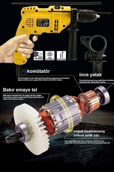 Assur 1100W Darbeli Metal Şanzıman 13mm Elektrikli Matkap - 4