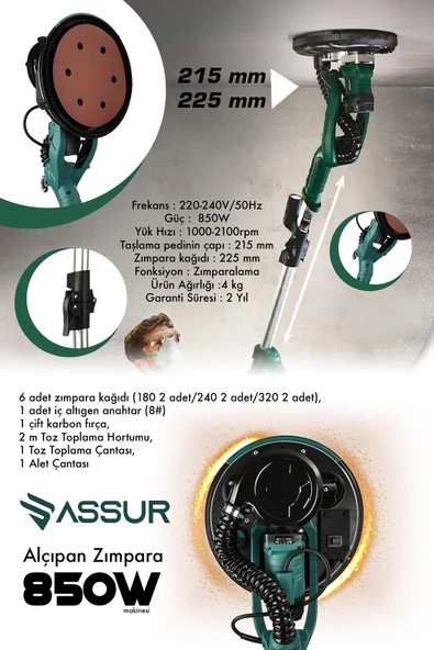 Assur 850W Alçıpan Duvar Zımpara Makinası 360° Ledli Toz Emmeli - 2