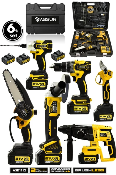 Assur Profesyonel 21V Matkap Hilti Taşlama Somun Sıkma Makas Testere 6'lı Set - 1
