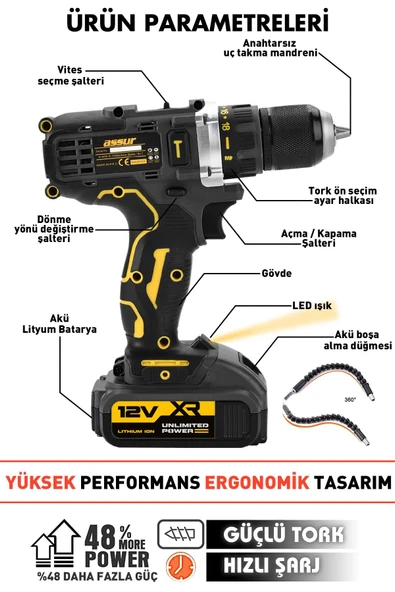 Assur 12V Çift Akülü Vidalama Metal Şanzıman Bakır Sargılı Şarjlı Matkap - 2