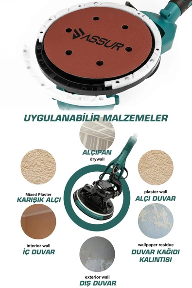 Assur 850W Alçıpan Duvar Zımpara Makinası 360° Ledli Toz Emmeli - 3