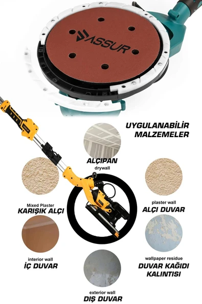 Assur 850W Alçıpan Duvar Zımpara Makinası 360° Ledli Toz Emmeli - Resim 2