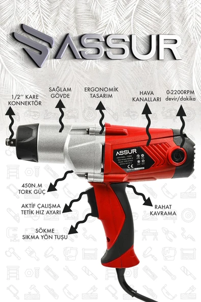 Assur Elektrikli 1100W 450Nm Somun Sıkma Sökme Makinesi - 2