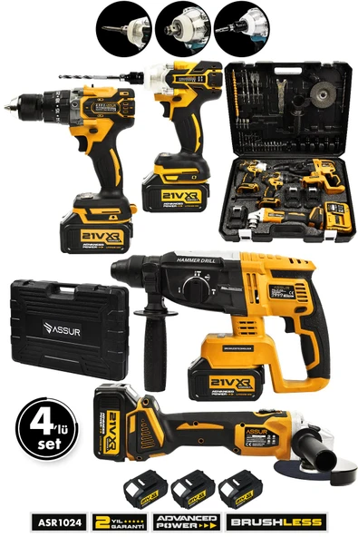 Assur Profesyonel 21V Akülü Somun Sıkma & Taşlama & Kırıcı Delici Hilti & Matkap 4'lü Set