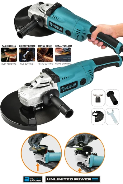 Assur 2200W Metal Şanzıman 230mm Büyük Sipiral Taşlama