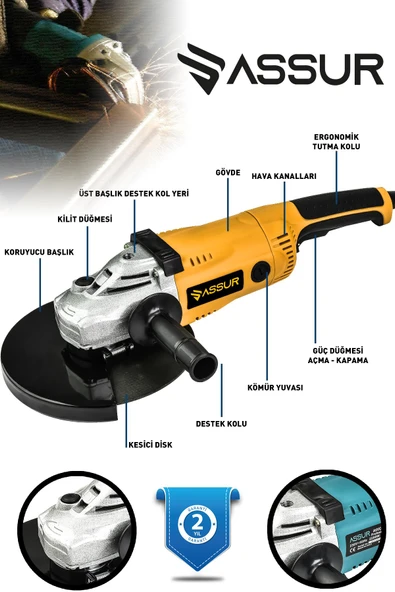Assur 2200W Metal Şanzıman 230mm Büyük Sipiral Taşlama - 2