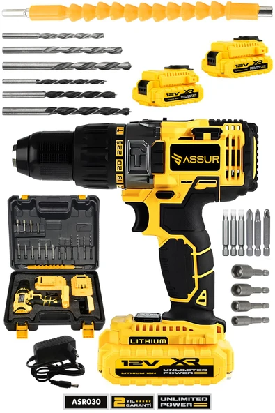 Assur 12V 1.5Ah Metal Şanzıman Çift Akülü Bakır Sargı 24 Parça Şarjlı Matkap Akülü Vidalama