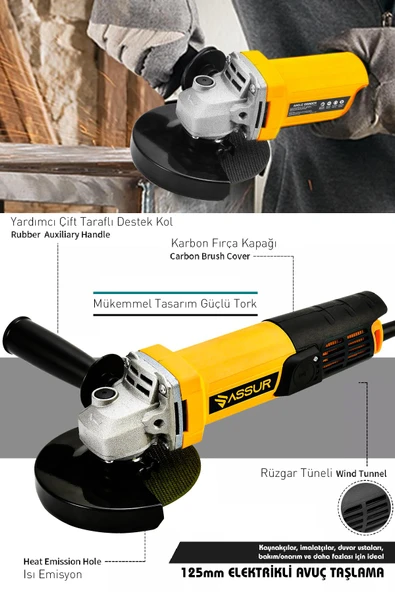 Assur 550W Avuç Taşlama Makinesi 125mm Bakır Sargılı Spiral - 2