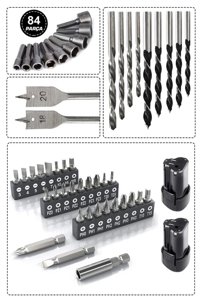Assur 12V 13mm Çelik Mandrenli Şarjlı Matkap Akülü Vidalama 84 Parça - 2