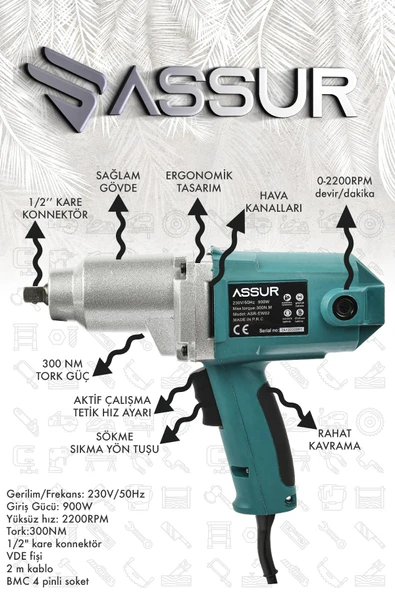 Assur Elektrikli 900W 300Nm Somun Sıkma Sökme Makinesi - 2