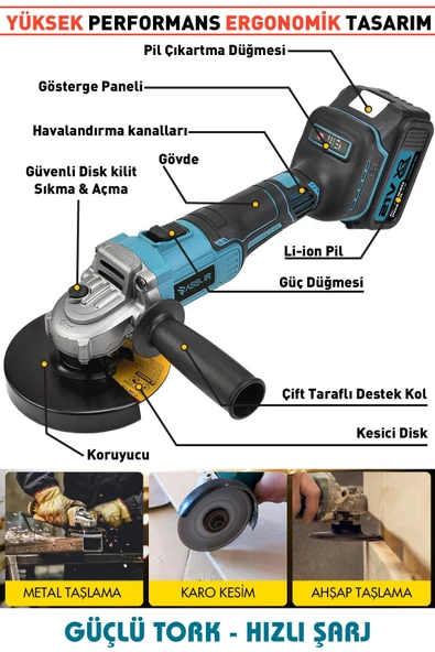 Assur 21V Çift Akülü 125mm Kömürsüz Şarjlı Taşlama - 2