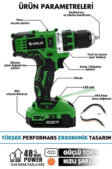 Assur Profesyonel 12V Çift Akülü Vidalama 84 Parça & 12 Köşe 360° Lazer Hizalama Set - 2