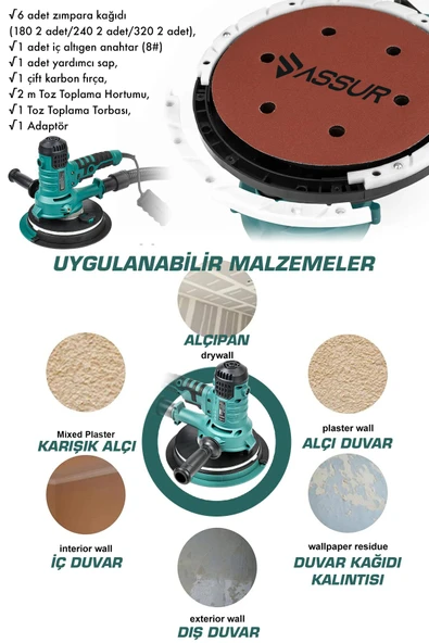 Assur 360'Ledli 850W Pro Alçıpan Zımpara Makinası Toz Emmeli - 3