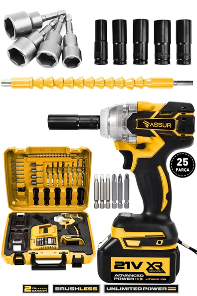 Assur 21V Çift Akülü Kömürsüz Darbeli Matkap Şarjlı Somun Sökme Sıkma Makinesi