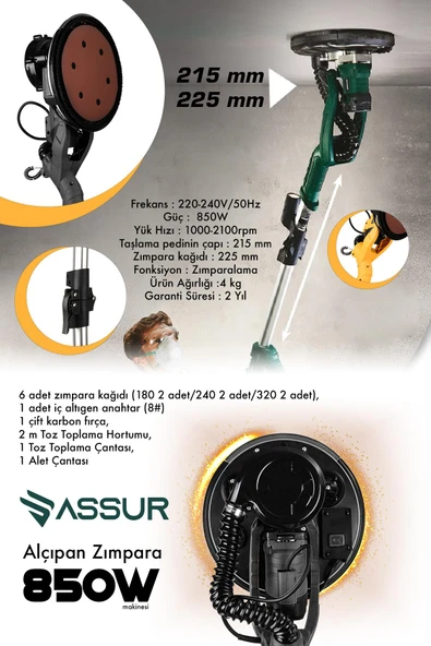 Assur 360'Ledli 850W Pro Alçıpan Duvar Zımpara Makinası Toz Emmeli - 3