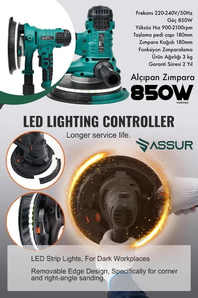 Assur 360'Ledli 850W Pro Alçıpan Zımpara Makinası Toz Emmeli - 2