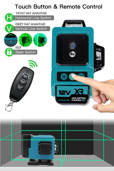 Assur Profesyonel 360° 12 Köşe Otomatik Hizalamalı Yeşil Çizgili Su Terazili Lazer Metre Hizalama - 3