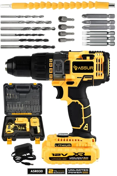 Assur 12V 1.5Ah Metal Şanzıman Çift Akülü Bakır Sargı 24 Parça Şarjlı Matkap Akülü Vidalama - 1
