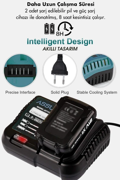 Assur 21V Çift Akü Kömürsüz Motor Çelik Mandren Darbeli Akülü Vidalama Şarjlı Matkap - 3